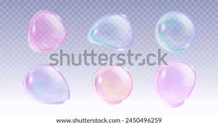 3d pink soap ball. Realistic rainbow water bubble on transparent background. Abstract iridescent liquid sphere isolated. Magic laundry orb with light reflection. Round cleaning soapy blob element