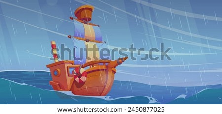 Boat in stormy sea with rain. Ship on ocean wave. Dark sky and big sailboat on water vector landscape. Travel vessel in scary natural environment drawing for nautical comic game story design