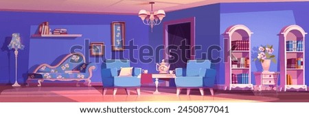 Blue princess room interior with castle furniture. Girly palace library with vintage flower pattern on couch, bookcase and teapot on table. Female luxury living area decoration design for fairy tale