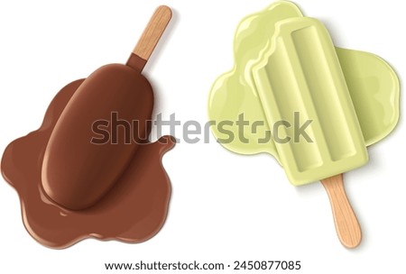 Melted ice cream set isolated on white background. Vector realistic illustration of chocolate and vanilla dessert on wooden stick, sweet sticky puddle, restaurant menu or food shop design elements