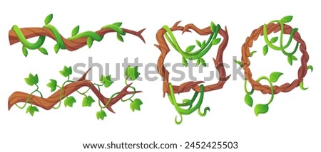 Jungle liana vine - long branches and circle and square frame with green creeping plant and leaves. Cartoon vector illustration set of game ui design borders made of tropical climbing plant.