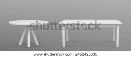 3d isolated white empty plastic desk for kitchen. Round table furniture stand on leg for exhibition mockup interior. Coffee surface realistic. Blank rectangle dinner asset mock up for display food