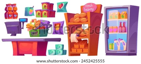 Supermarket interior design elements set isolated on white background. Vector cartoon illustration of grocery store furniture, beverage bottles in fridge, bread on shelf, cash register, food packages