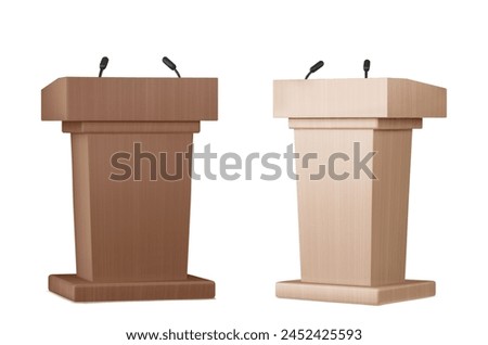 Brown wooden pulpit with microphone for speech or debate concept. Realistic 3d vector illustration set of wood lecture podium mockup for press conference. Presentation tribune or rostrum stand.