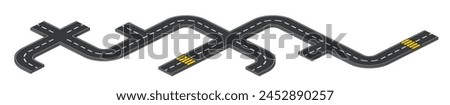 Isometric asphalt road map. Vector illustration of city highway with pedestrian crossing and intersections. motorway construction for direction navigation or timeline concept. Street journey element.