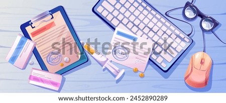 Medical office doctor desk with computer top view. Health document, keyboard, syringe and patient record paper on table background. Laboratory workplace banner with academic stuff for disease research