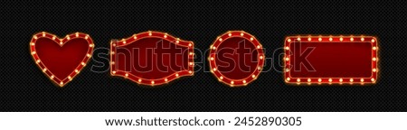 Retro red frame with light bulbs. Realistic vector illustration set of cinema or casino sign banner with lamps in form of heart, circle and rectangle. Circus or show border and signboard template.