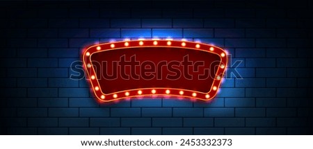 Red blank frame with light bulbs on dark blue brick wall background. Realistic 3d vector illustration of retro cinema or casino billboard with lamps. Circus or theatre empty banner template.