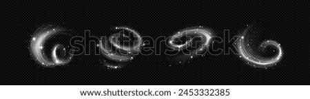 Fresh air wind effect. Cold smoke flow with light. 3d cool winter breeze isolated set. Breath stream with snow overlay. Abstract transparent speed swirl with magic dust graphic. Spiral whirlwind plume