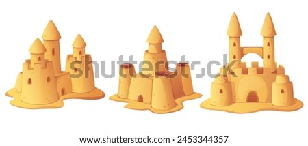 Sand castles set isolated on white background. Vector cartoon illustration of beach sculptures in shape of medieval fortress with towers, childhood fun, fairytale architecture, resort design elements