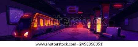 Metro station and train on rail platform at night. Underground subway hall interior cartoon background. Public travel transport and neon advertising glow. Metropolitan tunnel railroad infrastructure