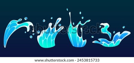 Cartoon water splash and surf wave. Cute comic sea or ocean liquid swirl effect with spray and drops. Blue stream flow for animation or game ui design. Tidal flood falling with foam and ripple.