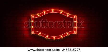 Circus light frame for retro casino billboard sign. Cinema show marquee banner with neon bulb border. Vintage broadway signboard on red brick wall background with spotlight. Luxury glowing design