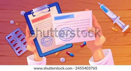 Doctor hand on desk in healthcare hospital vector. Patient research and treatment with professional physician. Nurse workplace with laboratory check document for prescription. Pill and syringe tools