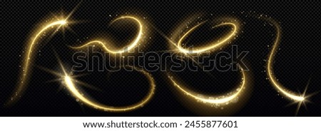 Gold star with curve trail line on dark transparent background. Realistic vector illustration set of comet magic light tail with glitter and overlay effect. Meteor twinkle with glowing shine beam.