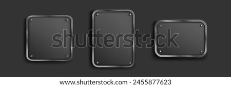 Black metal labels set isolated on background. Vector realistic illustration of blank square and rectangular stainless steel frames, grungy aluminum plaques with scratches and rivets, game ui elements