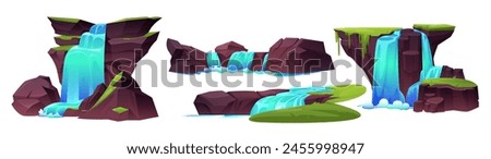 Waterfall cascade stream and rock cartoon icon. Water fall island landscape isolated clipart. Tropical torrent for fantasy summer scene in game. Paradise coastal nature and cliff asset collection