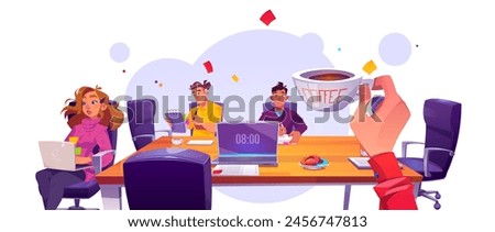 Business office morning with table and team work. Group conference meeting with coffee and laptop. Colleague meet and communication cartoon graphic. Corporate manager on workplace with employee