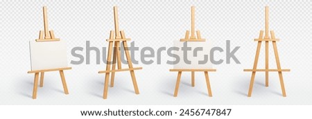 Wood easel stand with art board isolated vector mockup. 3d painter canvas tripod for display artist drawing in gallery exhibition. Whiteboard object for creative studio class realistic equipment set