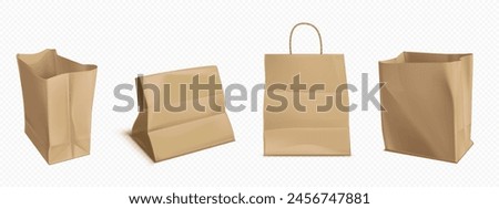 Craft paper bag. 3d brown food package mockup. Isolated shop pack with handle for takeaway lunch or gift to carry. Sustainable and reusable cardboard shopping and delivery vertical grocery box.