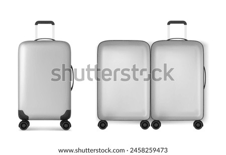 3d travel suitcase. Realistic silver luggage bag. Isolated baggage template icon for vacation trip to hotel. Open business plastic trolley render to carry with black handle and prepare for journey.