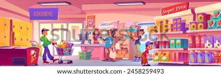 Supermarket inside with people buy grocery vector. Food store interior with character, shelf and refrigerator. Man and woman customer shopping. Retail hypermarket with bread. Cashier on counter