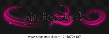 Pink fragrance wind wave with flower petals and sparkles. Realistic 3d vector illustration set of rose air flow swirls and curves with japanese sakura or cherry blossoms. Abstract swoosh scent trail.