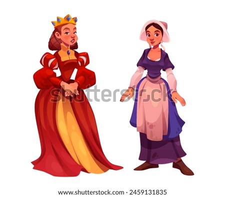 Medieval people cartoon character set. Vector illustration of queen in red dress and golden crown, and peasant girl in poor clothes. Ancient female fairy tale person. middle age royal and farmer woman