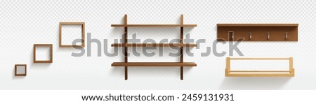 3D set of wooden shelves isolated on transparent background. Vector realistic illustration of blank decorative square frames, wall shelf, hanger with hooks, home furniture, interior design elements