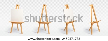 Brown wooden easel empty and with white blank canvas in different angles of view. Realistic 3d vector illustration set of artist equipment mockup. Painter board or frame on wood tripod stand.