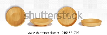 Wooden kitchen cutlery realistic 3d vector illustration set. Empty eco tableware with brown wood texture - side and top view on bowl plate and tray. Ecological bamboo dishware of circular shape.