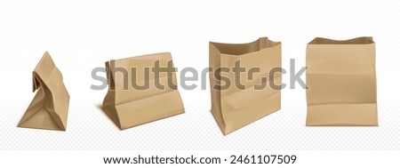 Brown paper bags set isolated on transparent background. Vector realistic illustration of craft package mockup with blank space for branding, grocery shop, supermarket, takeaway food paper packet