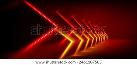 Abstract red neon light arrow speed background. Futuristic glow tech gamer graphic for banner. Fast move cyber casino design with yellow led beam. 3d triangle perspective dynamic digital party bg.