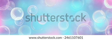 Blue and pink realistic soap bubble background. Dream light with magic reflection. 3d abstract foam sphere banner bg. Cleaning or laundry illustration with floating shampoo orb panorama design