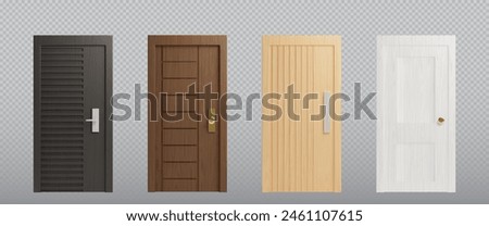 Wooden doors set isolated on transparent background. Vector realistic illustration of modern doorway with black, brown, white wood texture, golden and silver metal doorknob, interior design element