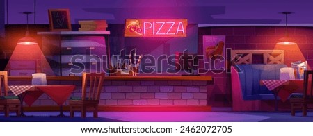 Pizza restaurant interior at night cartoon vector. Pizzeria shop with table for food, neon light signboard and brick wall design. Modern lounge furniture and empty showcase for fastfood illustration