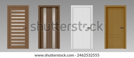 3d wooden realistic front door design isolated. Wood modern entrance in brown and white collection. House gate frame with metal handle closeup mockup asset set. Closed exit various doorframe mock up