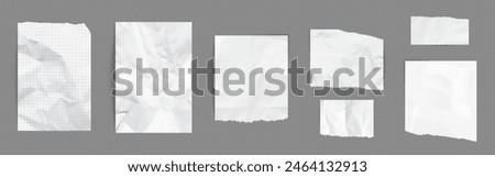 Paper pieces with wrinkles and torn edges. Realistic vector illustration set of empty white and checkered pages with crumpled effect. Design mockup of blank sheet with crease and rough border.
