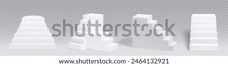 3d white stair podium. Display stage or staircase platform for product. Geometric realistic isolated pedestal render front view on transparent background. Minimal mockup for studio room with ladder.
