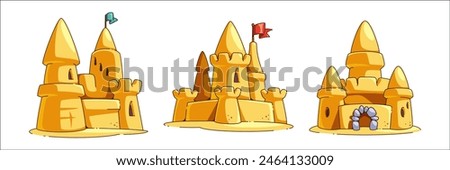 Sandcastle with tower, gate and flag. Cartoon vector illustration set of summer beach vacation cute childish sandy palace sculpture. Children seaside play activity element. Summertime playground.