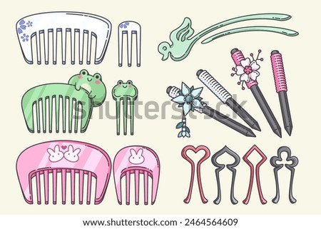 Hair clip accessory with flower. Head pin vector. Woman plastic comb equipment cartoon set. Girlish and feminine fancy grooming element for stylist with flog and bunny collection. Female beauty item