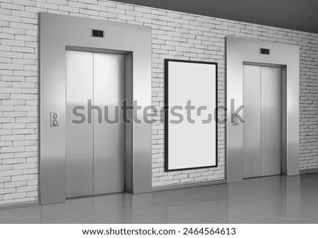 Hotel elevator mockup. Lift and tv led screen in lobby. 3d building hallway interior and empty digital television monitor. Blank steel closed entrance area perspective banner. Realistic indoor gate