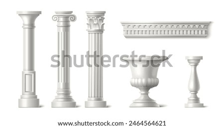 3d roman column. White greek marble pillar vector. Rome temple architecture isolated realistic sculpture art design. Doric colonnade and ornate baluster render decoration. Baroque italian pilar