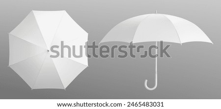 White 3d isolated blank umbrella mockup vector. Realistic parasol with handle mock up for branding and advertising set. Rain weather season fashion. Various waterproof open object front and top view