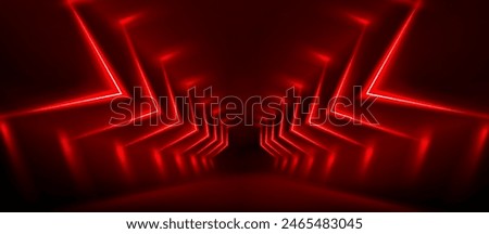 Abstract red neon arrow light glow background. Futuristic cyber laser line motion banner for casino. Dynamic techno perspective beam 3d graphic design. Cool party power and energy boost led tunnel