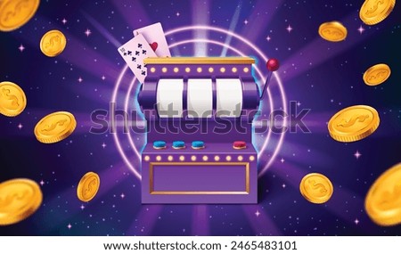 Slot machine and golden coins flying on purple background. Vector realistic illustration of online casino symbol, gambling banner with money, poker cards on sparkling space backdrop, lottery generator