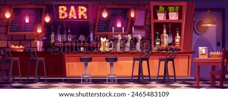 Bar table and pub interior cartoon background. Drink beer or cocktail in cafe at night. Restaurant or nightclub furniture with pump, dinner desk and craft alcohol bottle. Cafeteria with illumination