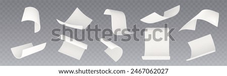 3d white fly paper sheet. Fall isolated document. Blank falling realistic letter set mockup. Curl office a4 notebook shape template design. Empty corporate post or paperwork in air abstract mock up.