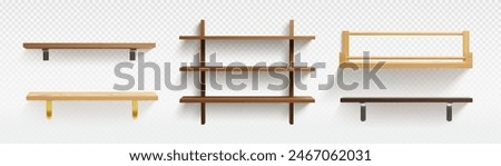 3D set of wooden shelves isolated on transparent background. Vector realistic illustration of blank decorative square frames, wall shelf, hanger with hooks, home furniture, interior design elements