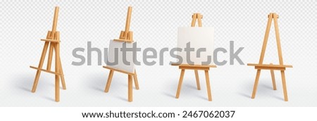 Wood easel stand with art board isolated vector mockup. 3d painter canvas tripod for display artist drawing in gallery exhibition. Whiteboard object for creative studio class realistic equipment set